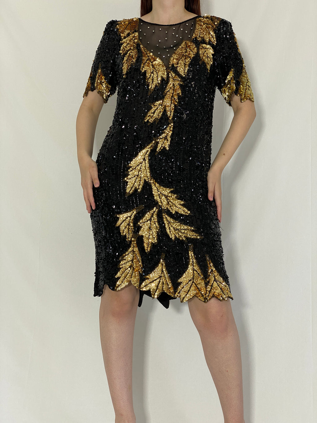 Vintage 80s/90s Sho Max Originals Black Silk Sequin Gold Leaf Beading Party Dress - L