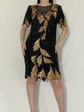 Vintage 80s/90s Sho Max Originals Black Silk Sequin Gold Leaf Beading Party Dress - L
