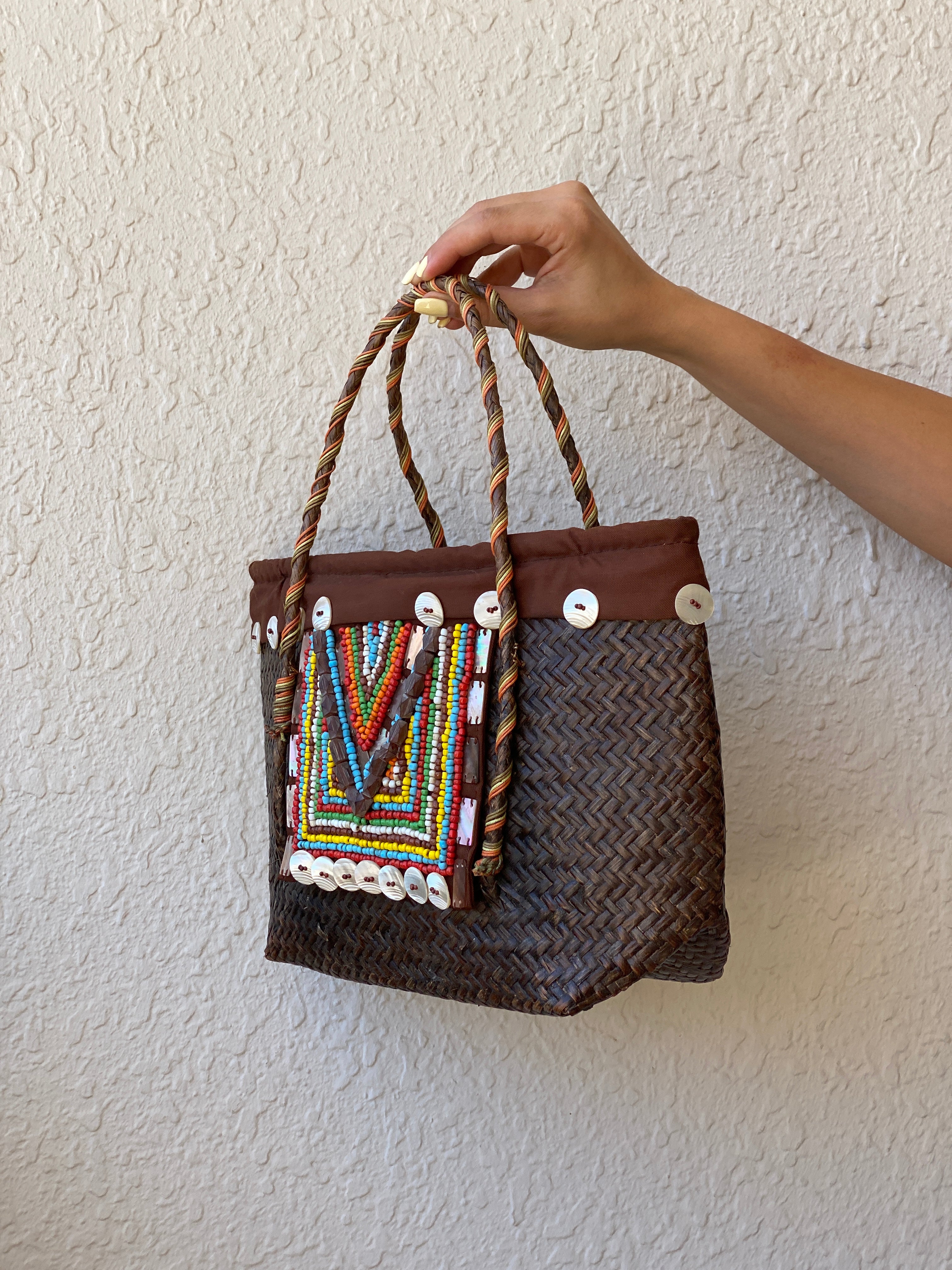 Vintage Handwoven Straw Beach Bag with Beaded Tribal Detail & Shell Accents