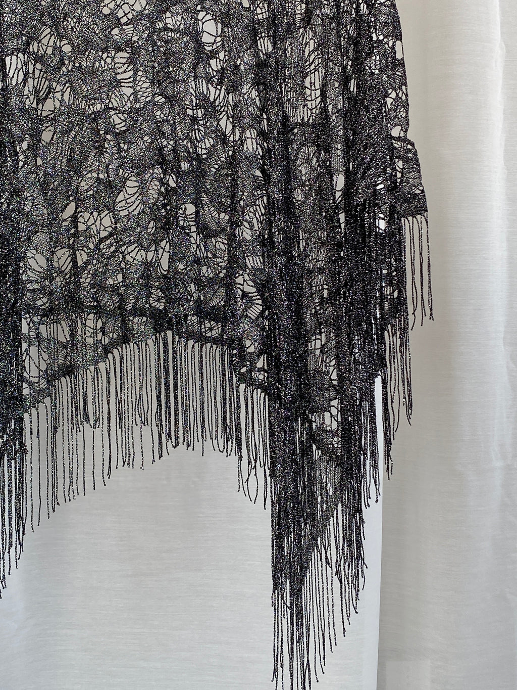 Rare Vintage Tabloid Metallic Black Knit Fringe Poncho – Sheer Boho Festival Shawl