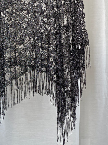 Rare Vintage Tabloid Metallic Black Knit Fringe Poncho – Sheer Boho Festival Shawl