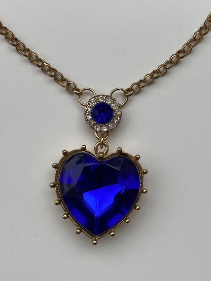 Vintage Gold Tone Royal Blue Heart Pendant Necklace with Rhinestones – Statement Charm