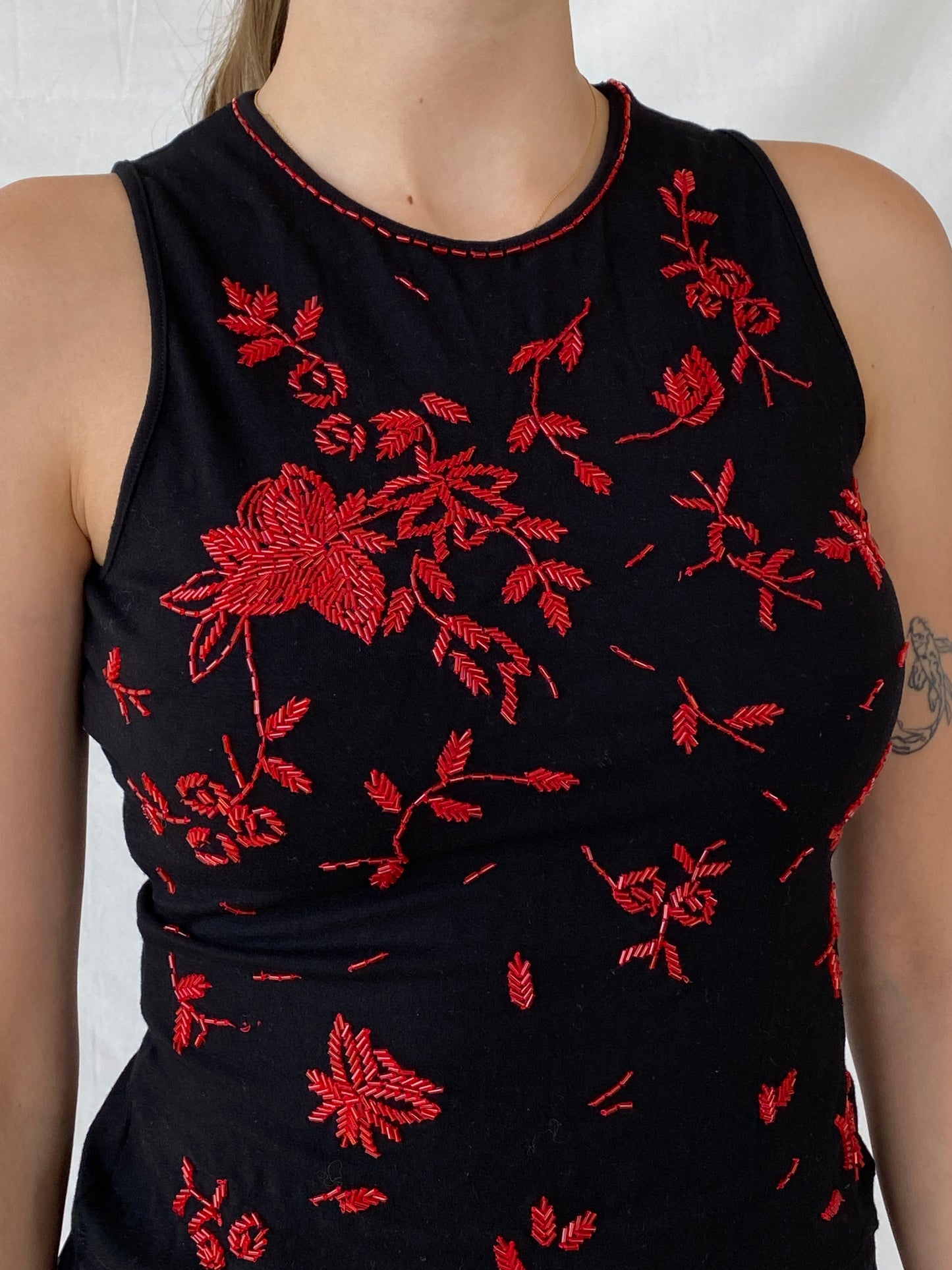 Vintage Morgan De Toi Red Floral Beaded Black Sleeveless Top - M