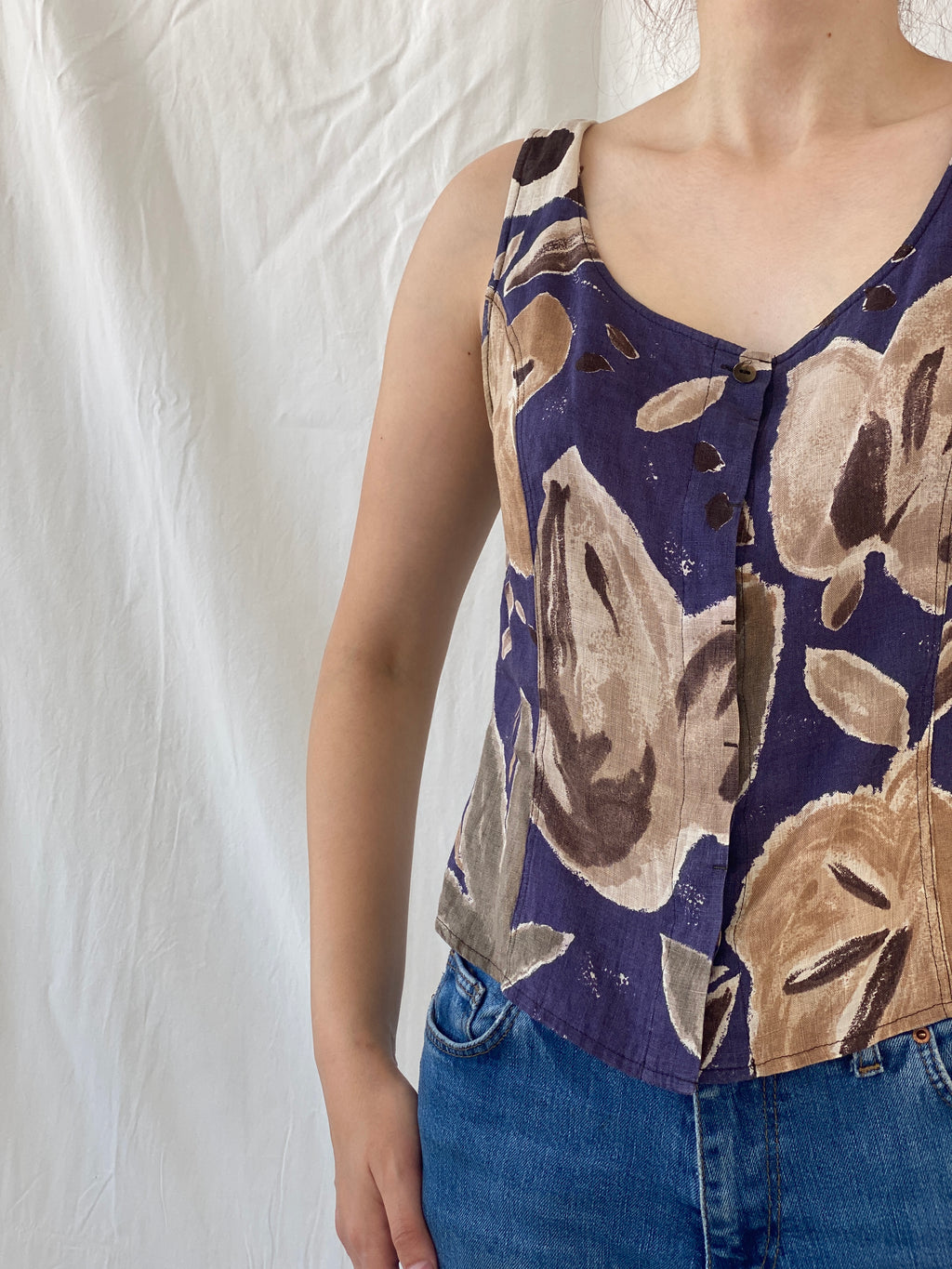 Vintage COPINES Abstract Floral Navy Beige Sleeveless Shirt - M