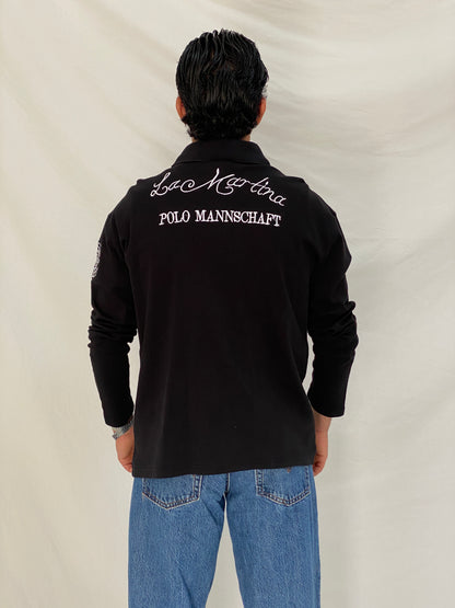 Vintage La Martina Porsche Team Rugby Polo Black Embroidered Long Sleeve Racing Shirt - L