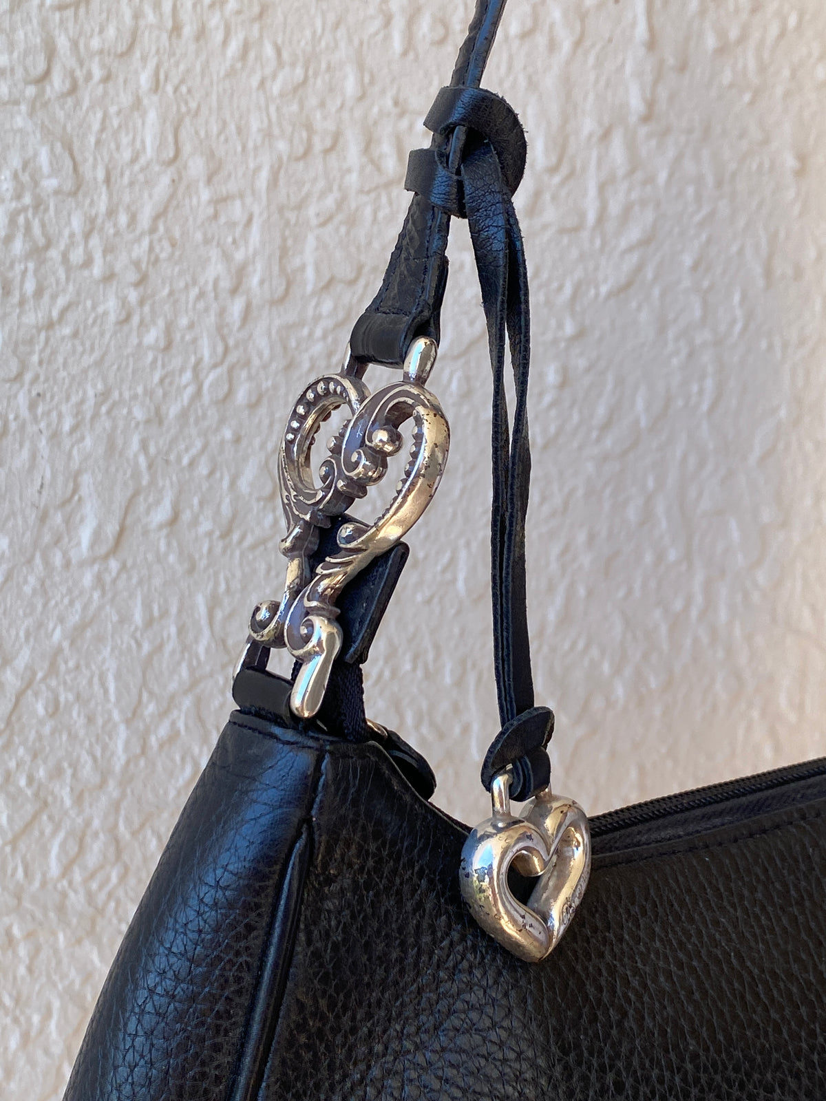 Vintage Y2K Brighton Black Genuine Leather Whimsigoth Shoulder Bag with Heart Charm Vintage Y2K Brighton Black Genuine Leather Whimsigoth Shoulder Bag with Heart Charm