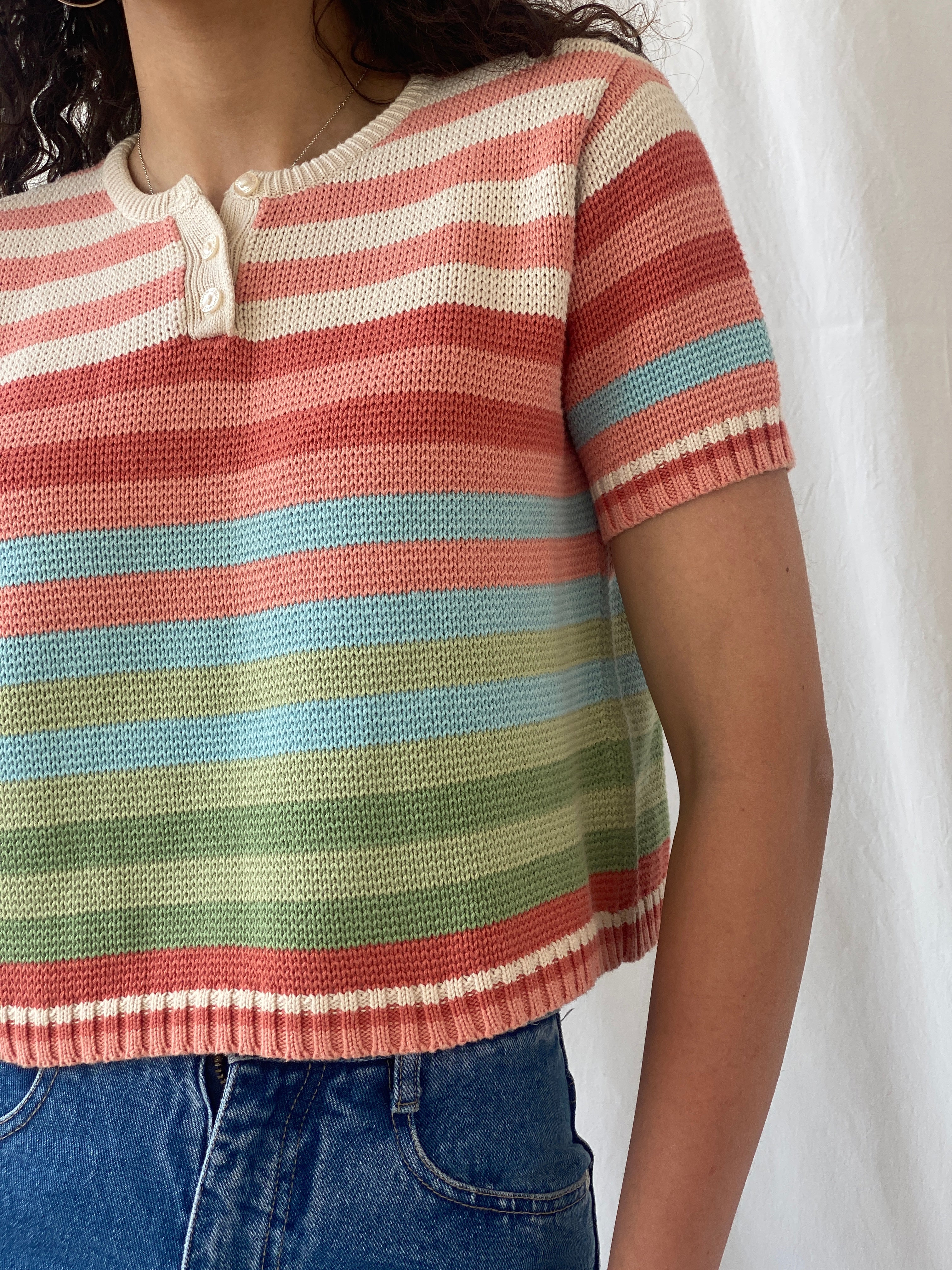 بلوزة ليز كلايبورن ليزوير المخططة باللون الوردي الباستيل من القطن المحبوك - مقاس صغير