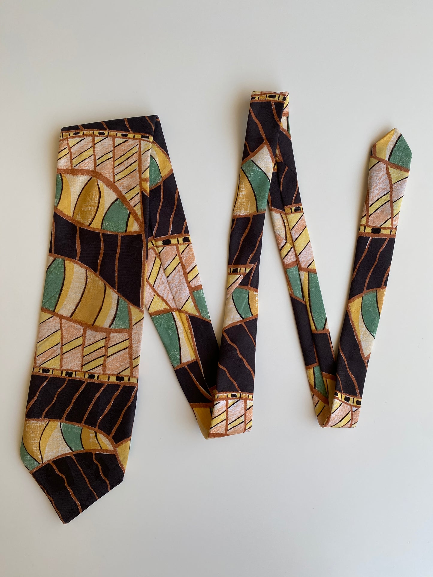 Vintage 90s T Fashion Brown Green Abstract Geometric Wide Necktie