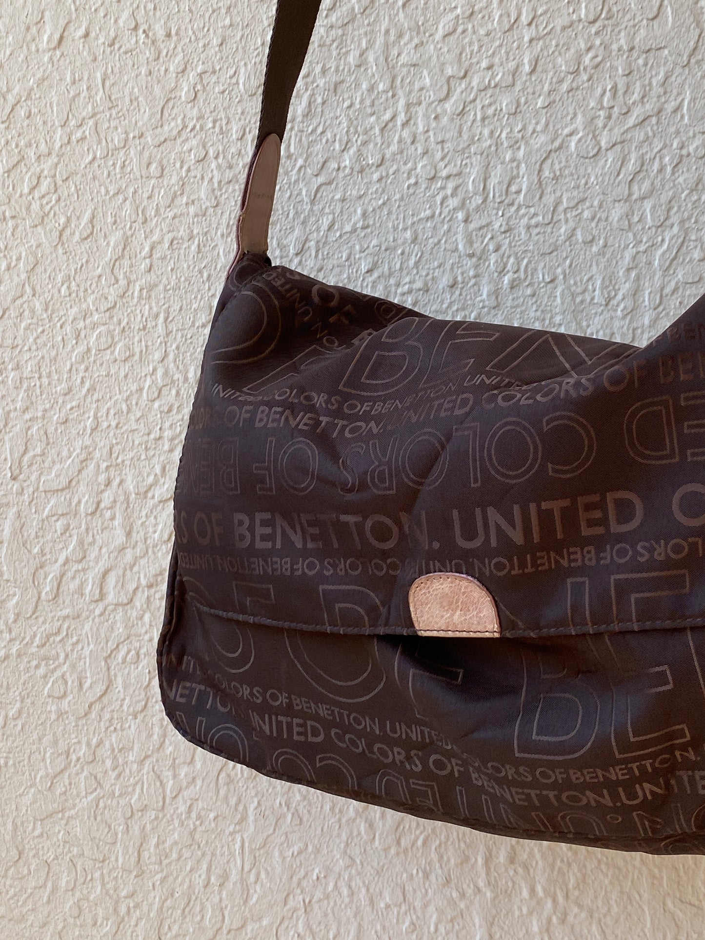Y2K United Colors of Benetton Brown Logo Print Nylon Messenger Shoulder Bag