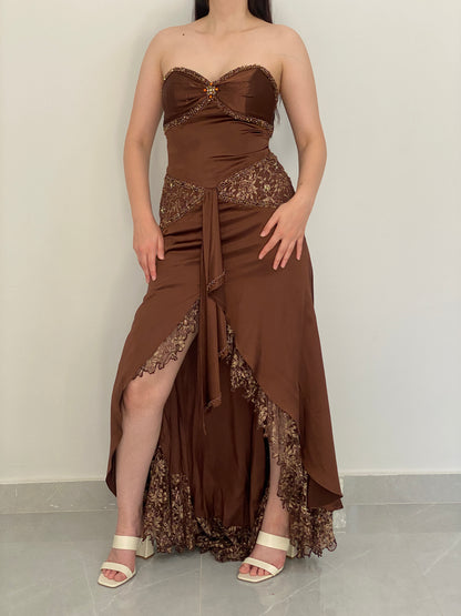 Vintage Party Time Brown Beaded Lace Strapless Formal Gown – M