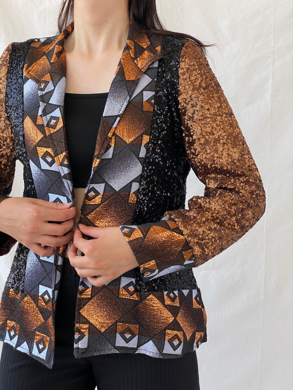 Vintage Geometric Sequin Blazer – Bronze, Black & Silver Statement Jacket - M