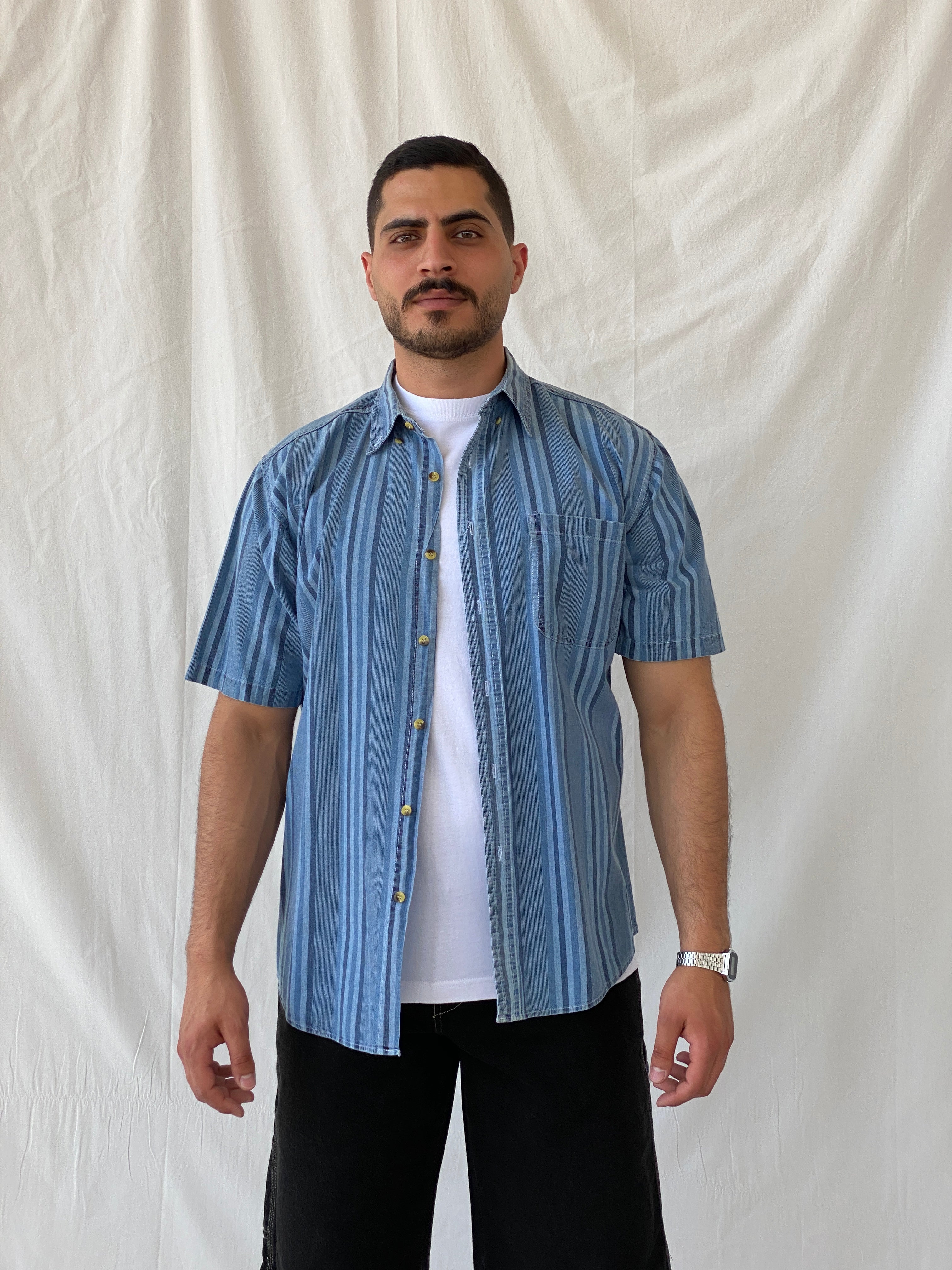 Vintage 90s Faded Glory Men’s Button Up Striped Blue Short Sleeve Cotton Shirt - L