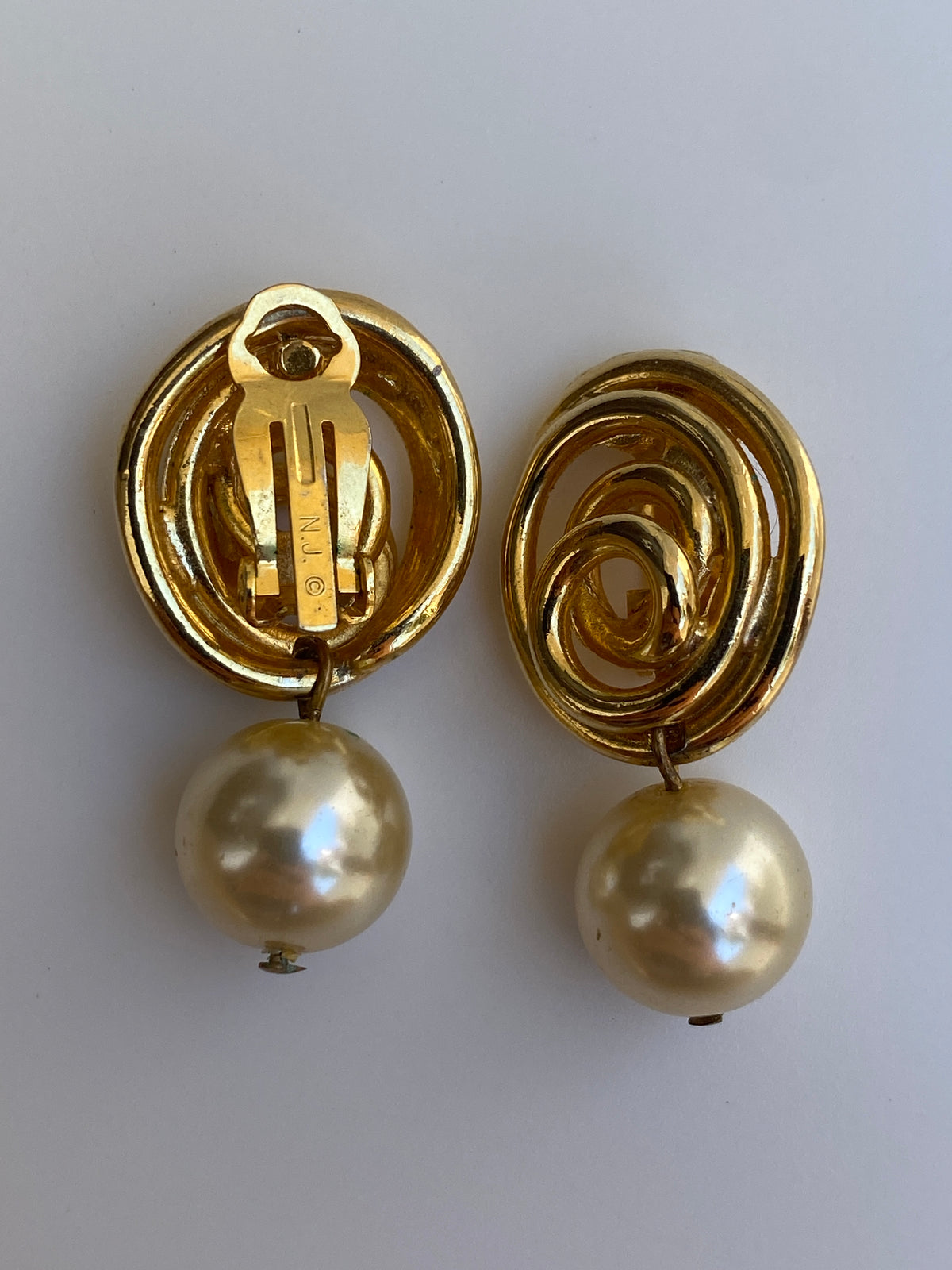 Vintage N.J. Norma Jean Gold-Tone Faux Pearl Clip-On Drop Earrings Vintage N.J. Norma Jean Gold-Tone Faux Pearl Clip-On Drop Earrings