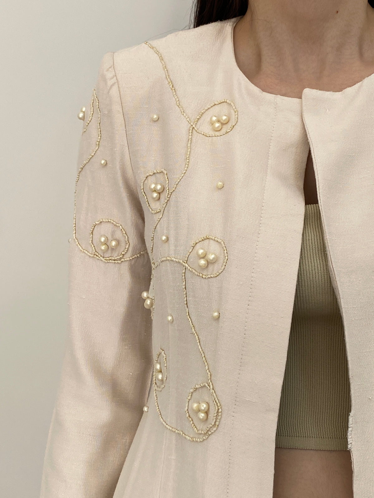 Vintage 90s Leslie Fay Petite Ivory Pearl Beaded Embroidered Blazer – M