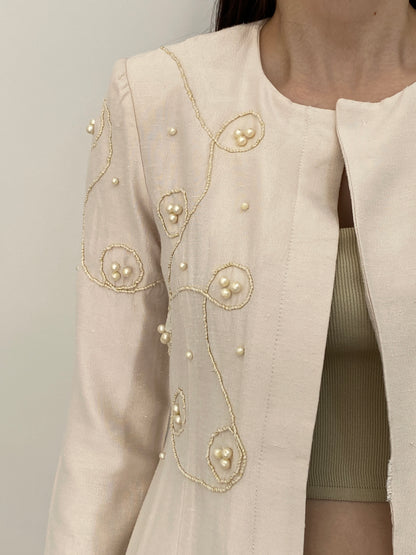 Vintage 90s Leslie Fay Petite Ivory Pearl Beaded Embroidered Blazer – M