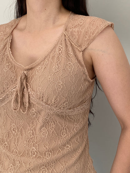 Y2K No Boundaries Nude Floral Lace Tie Front Babydoll Top – Fits S