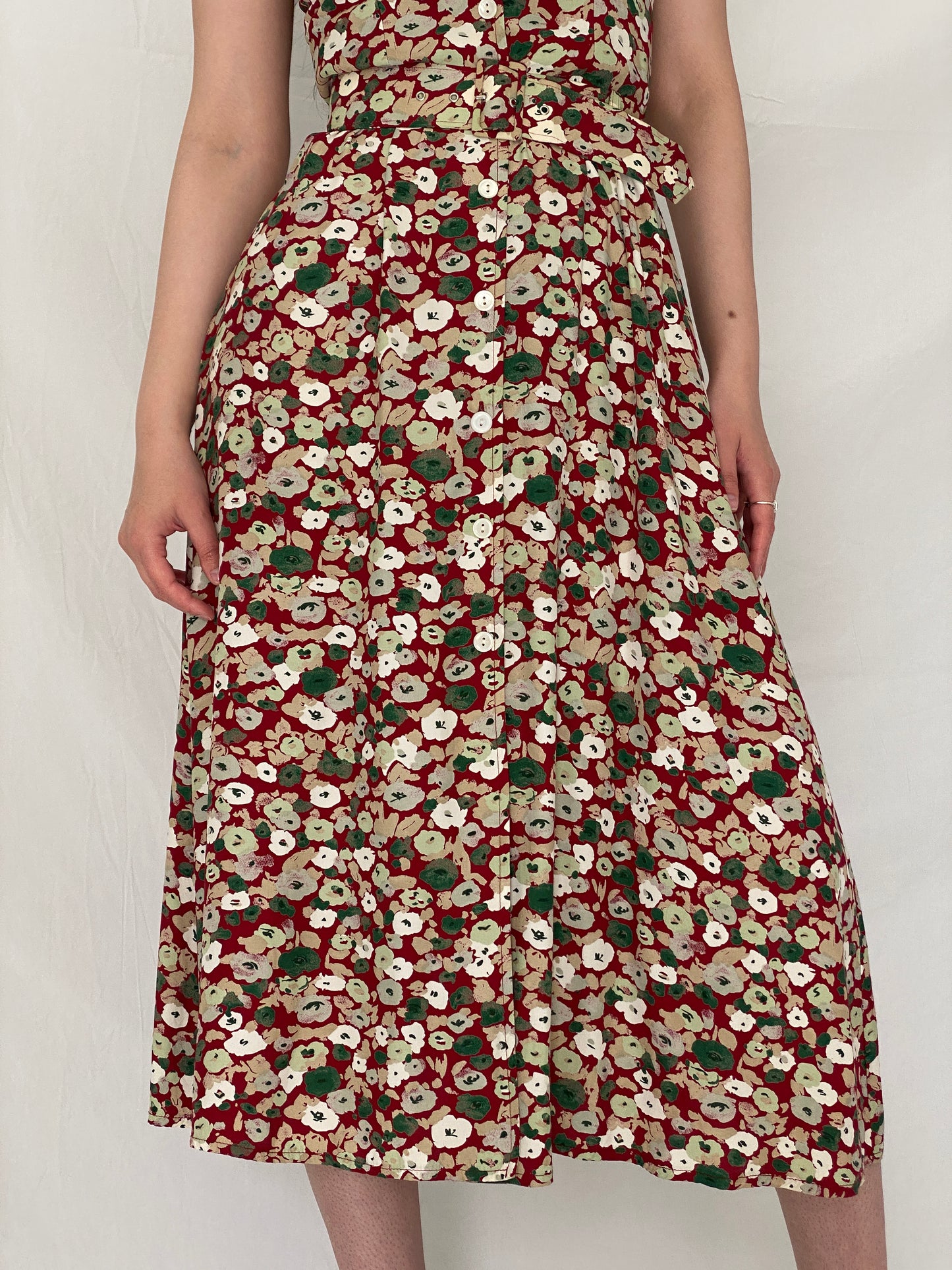 Romantic Vintage Magnolia Red Floral Button-Front Belted Midi Dress – S