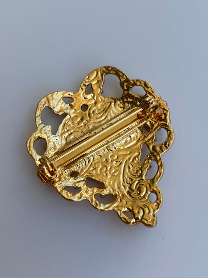 Vintage Gold Tone Filigree Heart Rose Cameo Brooch Romantic Floral Porcelain Style Pin