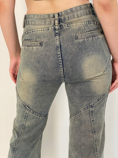 Vintage Y2K Washed Blue Denim Panelled Flare Jeans - 38EUR