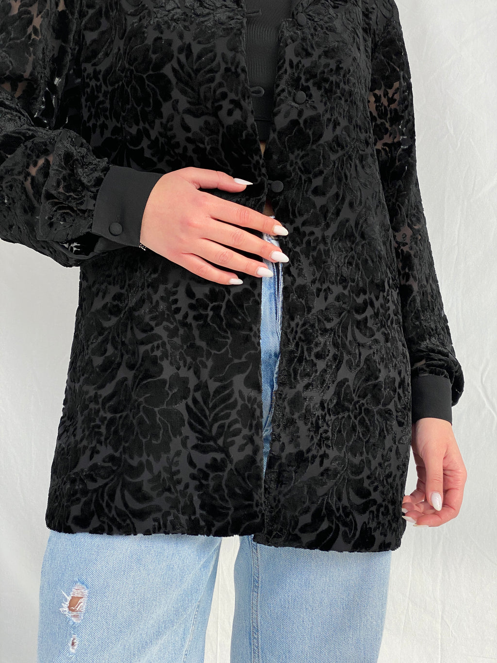 Vintage NYGÅRD Collection Black Velvet & Sheer Women’s Shirt - L