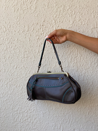 Vintage Y2K Worthington Brown PVC Teal Trim Frame Shoulder Bag