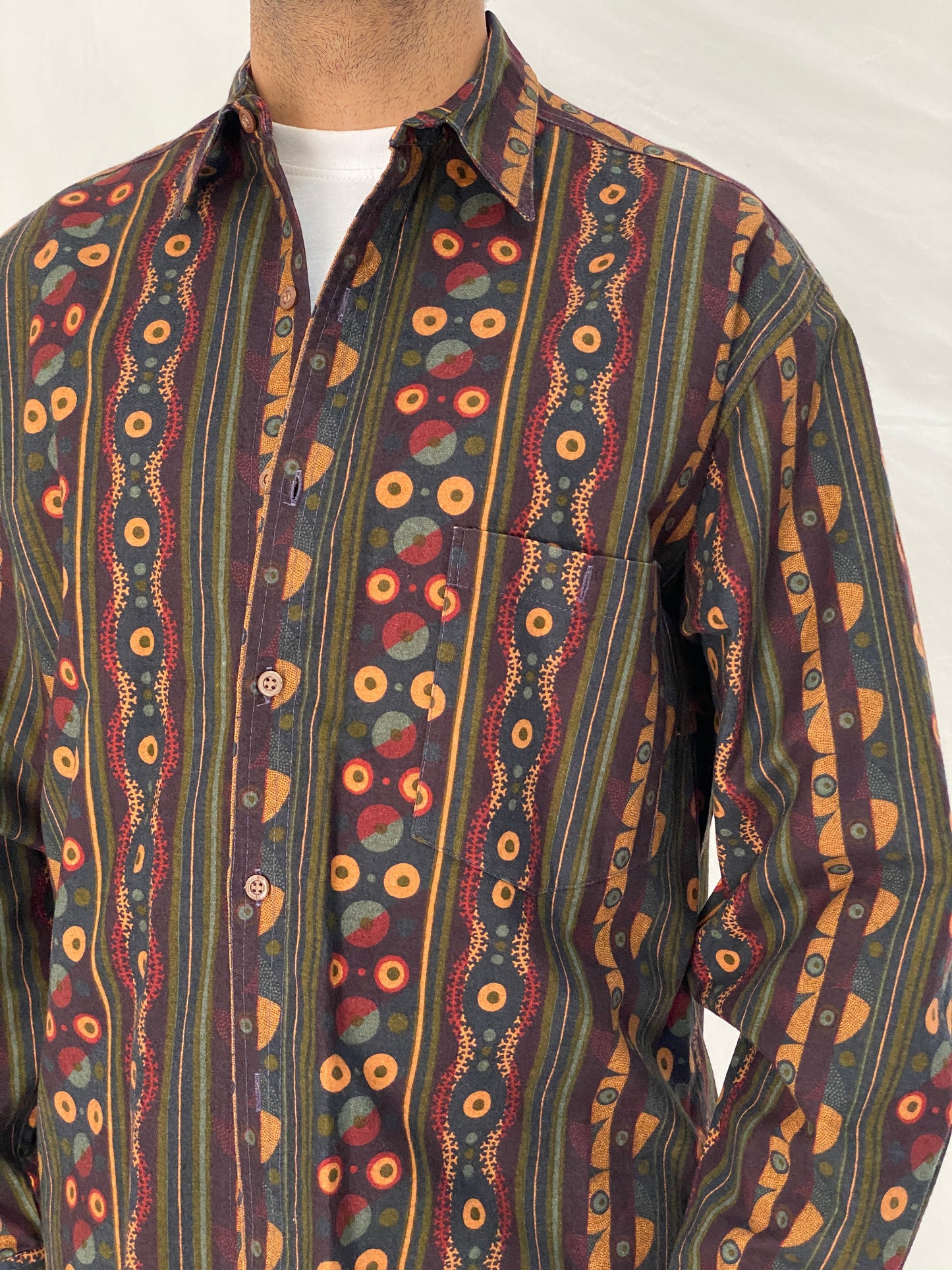 Vintage 90s Mekay Geometric Tribal Stripe Button Up Shirt Abstract Long Sleeve Oversized Fit - L