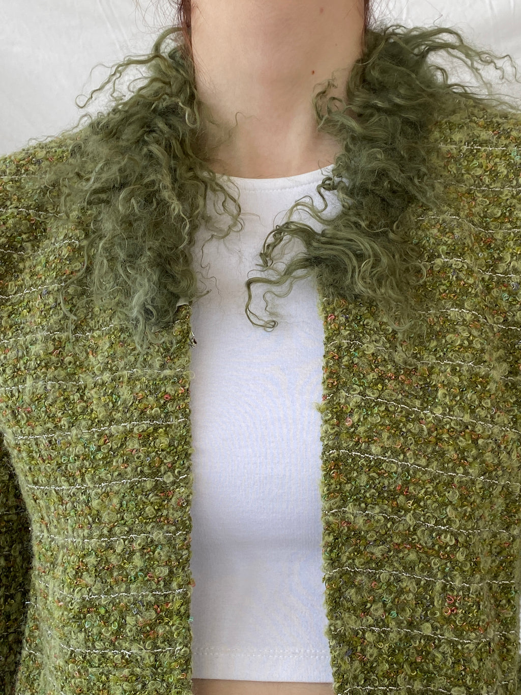 Y2K Queence Green Tweed Fur Collar Textured Women’s Cardigan - XS