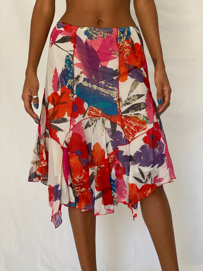 Vintage Y2K Didier Parakian Multicolor Silk Cotton Floral Asymmetric Boho Midi Skirt - M