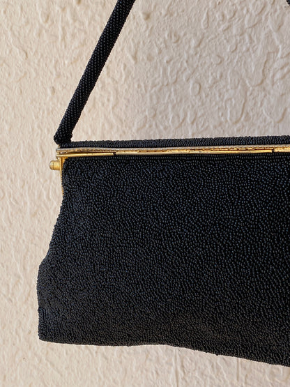 Vintage 1950s Black Micro Beaded Tapestry Floral Evening Bag – Gold Frame Mini Handbag