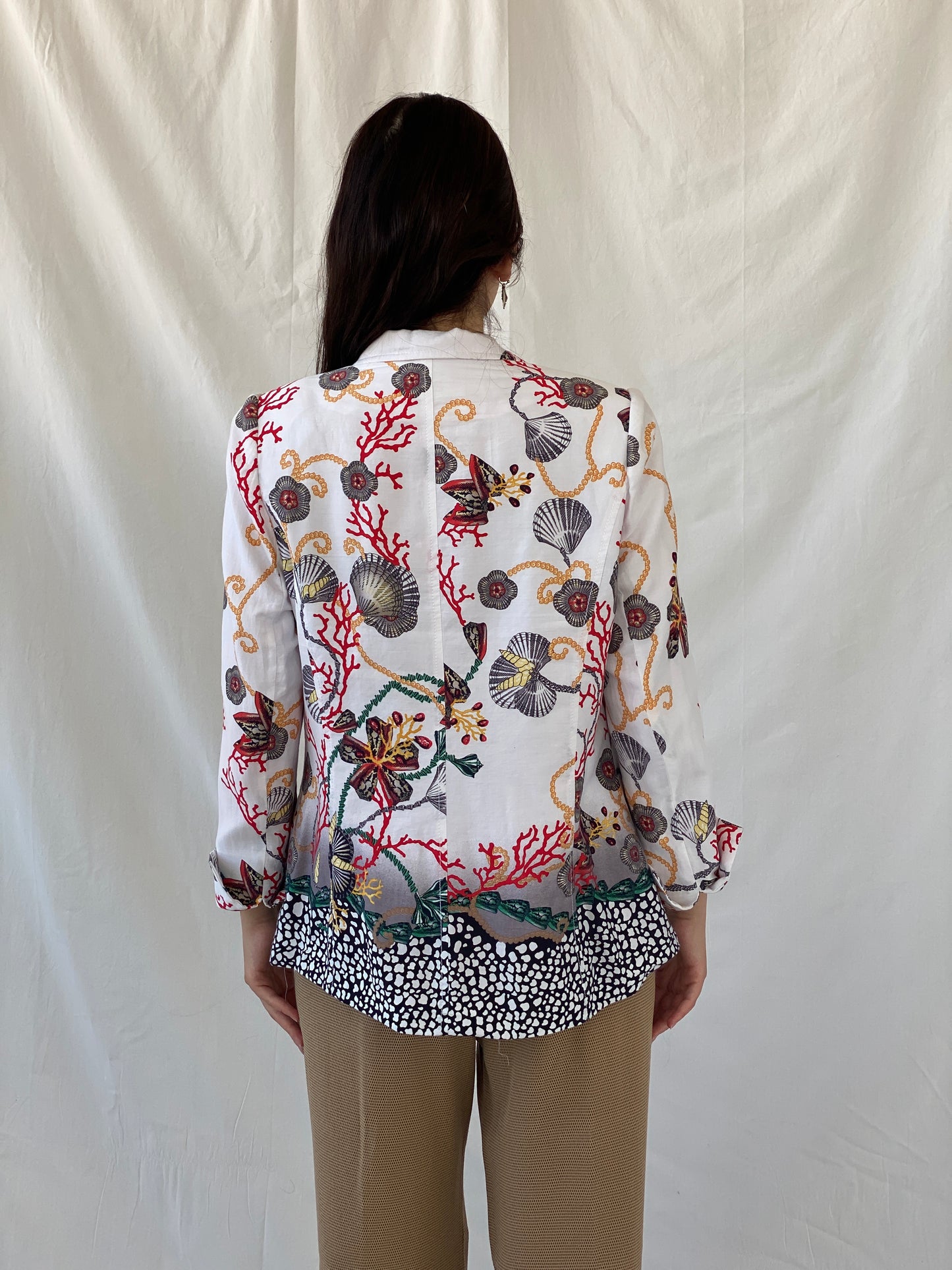 Statement SELMA Ivory Multicolor Seashell Red Coral Printed Cotton Blazer - XL
