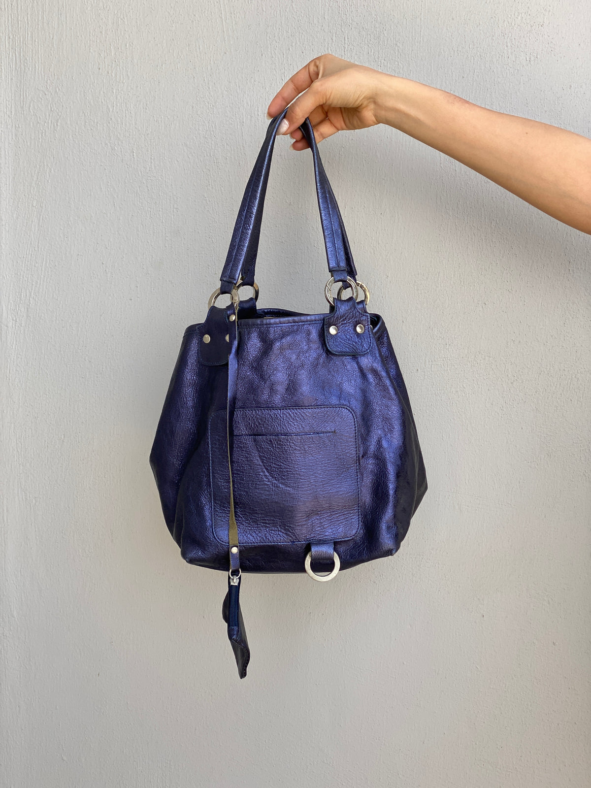 Vintage Y2K Metallic Blue Genuine Leather Slouchy Shoulder Bag Vintage Y2K Metallic Blue Genuine Leather Slouchy Shoulder Bag