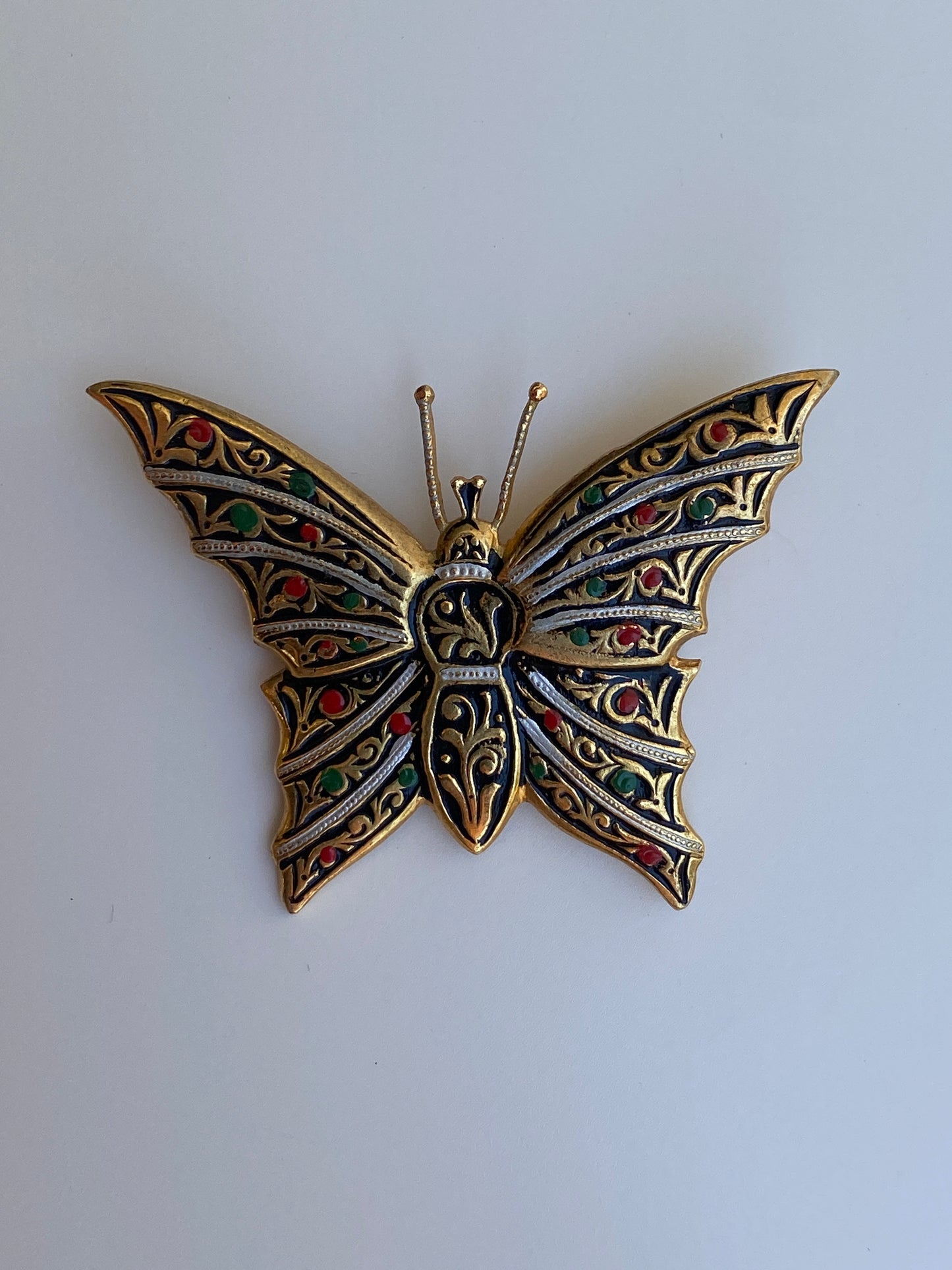 Vintage Spanish Damascene Style Butterfly Brooch Gold & Black Enamel Floral Pin