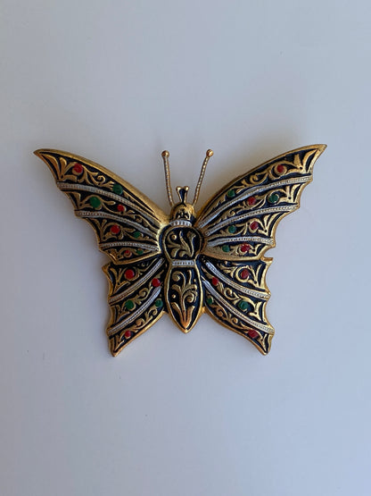 Vintage Spanish Damascene Style Butterfly Brooch Gold & Black Enamel Floral Pin