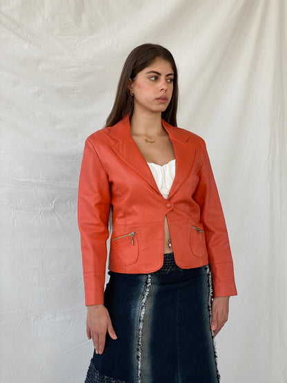 Vintage ALYSSA Orange Genuine Leather Biker Style Blazer - M