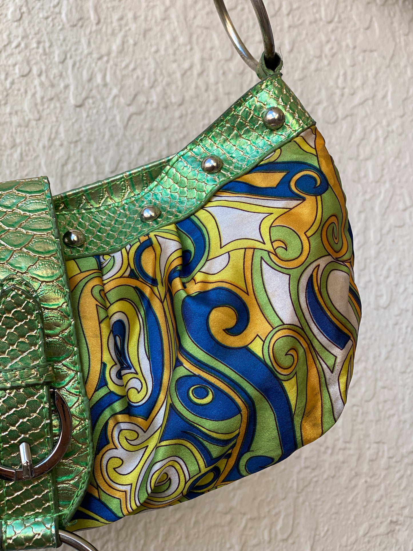 Y2K Groovy Green Snake Print Handle Mini Shoulder Bag