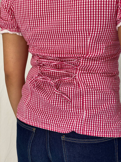 Vintage Y2K Gina Benotti Red & White Gingham Cold Shoulder Lace Trim Blouse - M