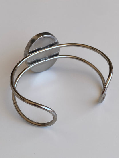 Vintage Modernist Red Resin Inlay Silver-Tone Open Arm Cuff Bracelet