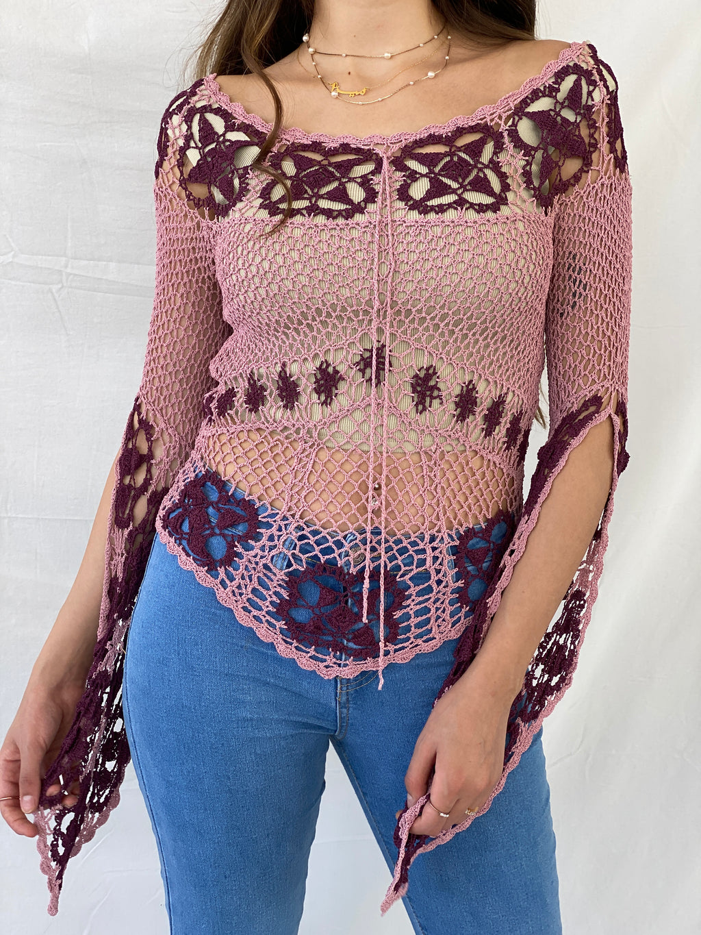 Y2K Crochet Fairy Pink Bell Sleeve Top - M
