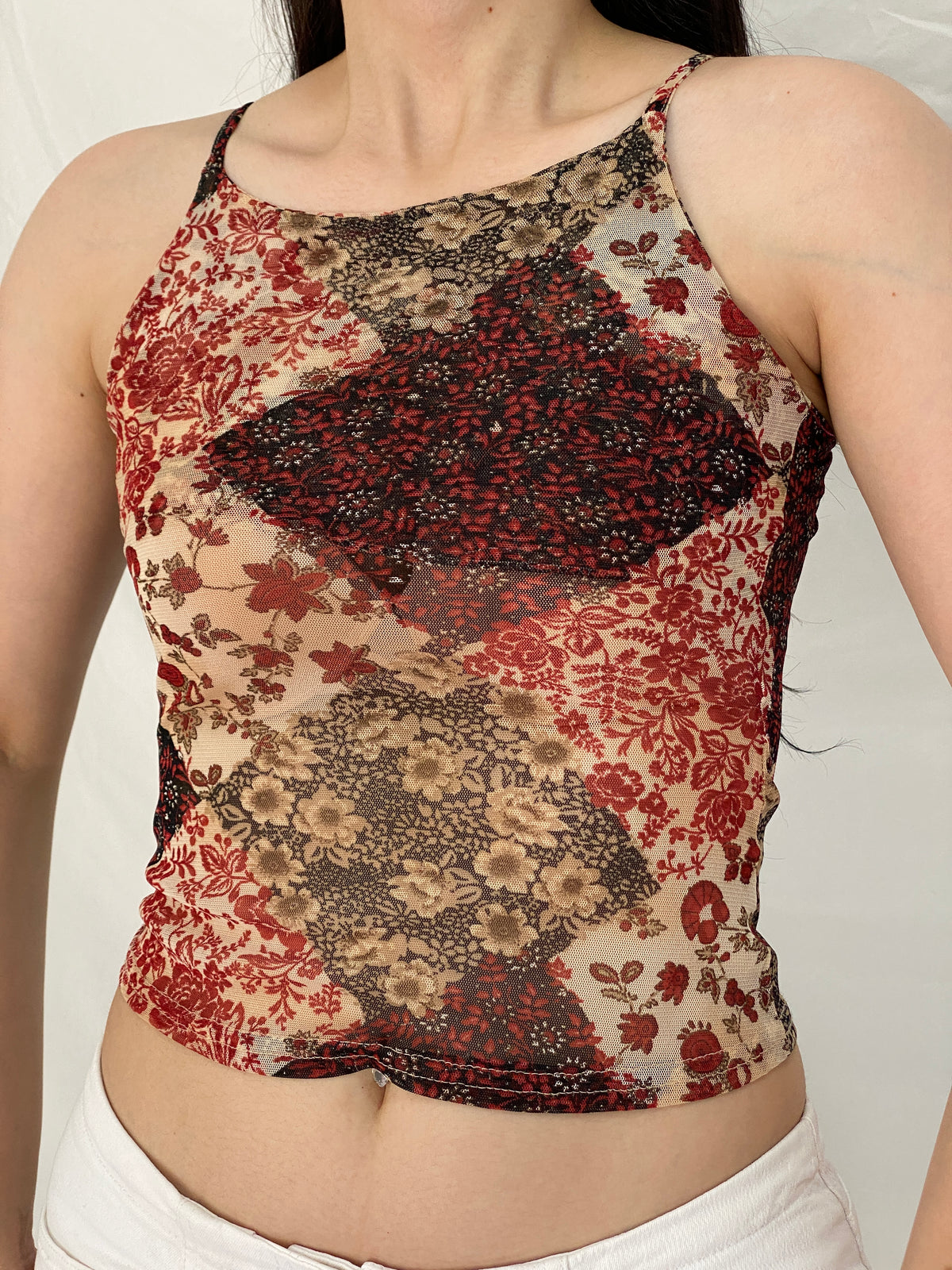 Vintage Y2K Three Brothers Red Floral Mesh Print Cami Top Sheer Stretch Tank - S Vintage Y2K Three Brothers Red Floral Mesh Print Cami Top Sheer Stretch Tank - S