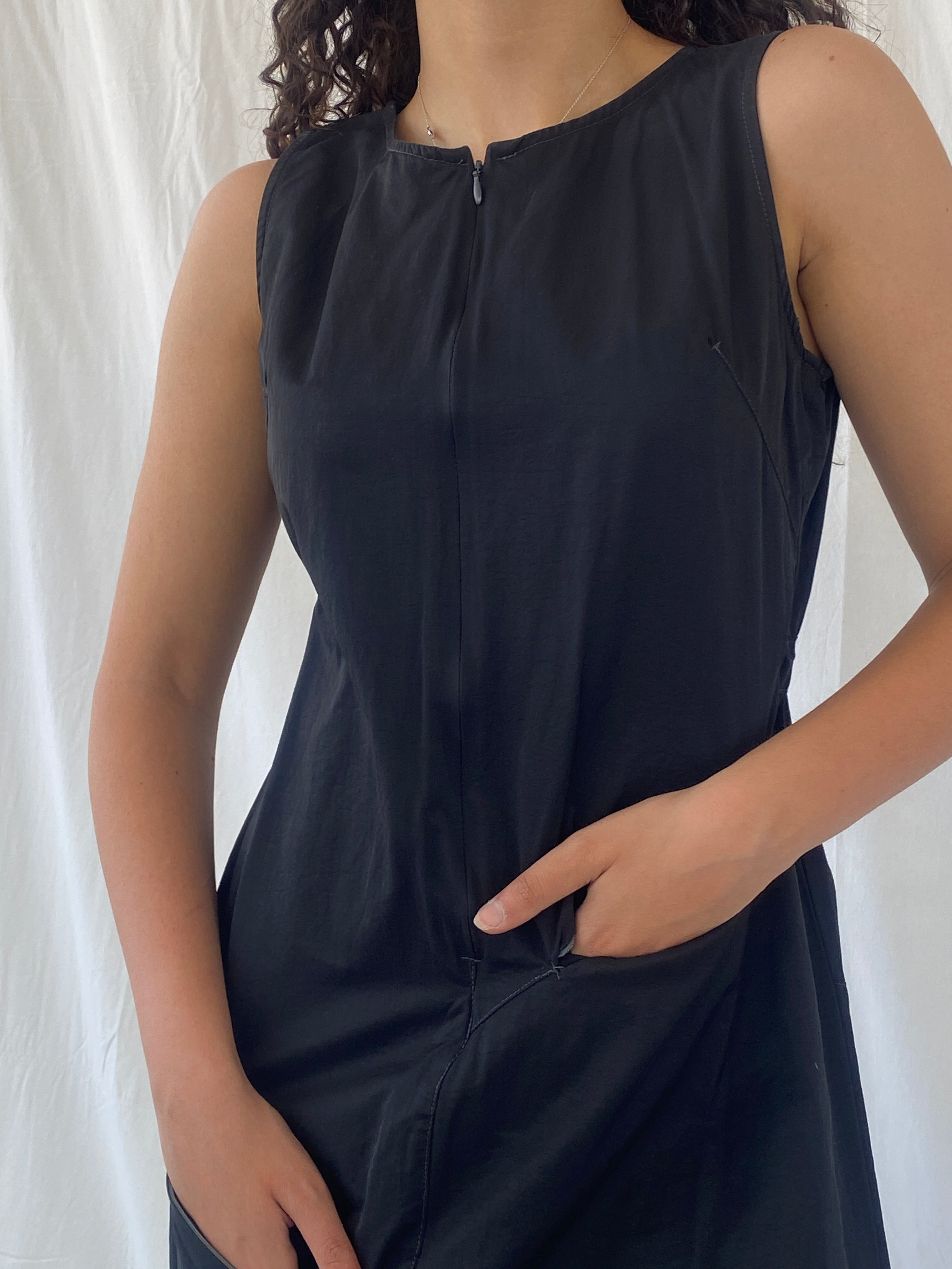 Vintage Y2K Futuristic Tunic Tafetta Whimsygoth Black Drawstring Midi Dress - L