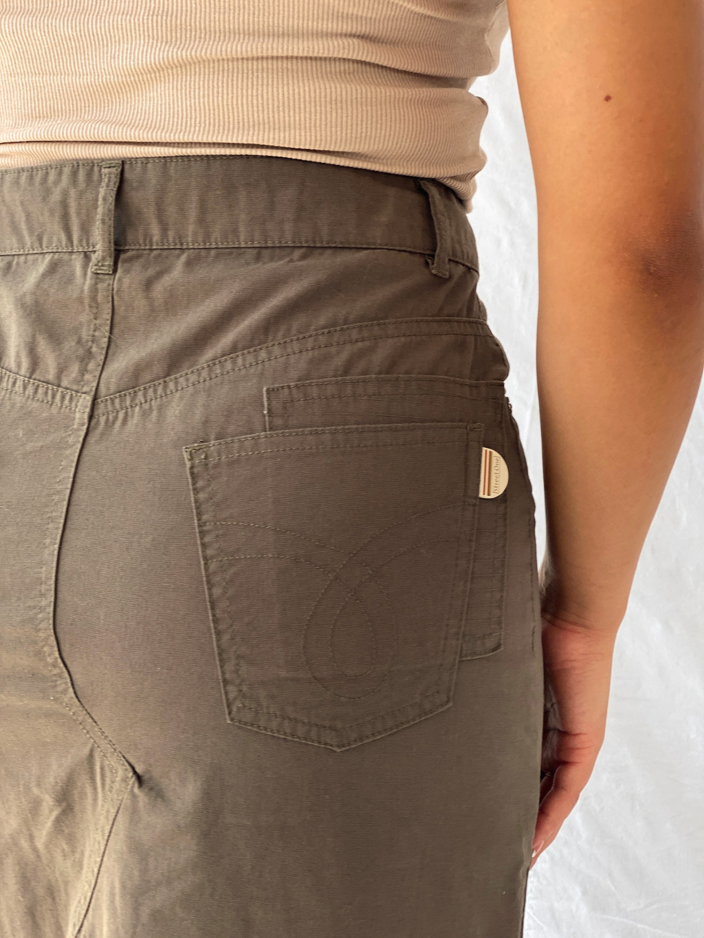 00s/Y2K Street One Olive Green A Line Denim Maxi Skirt - S