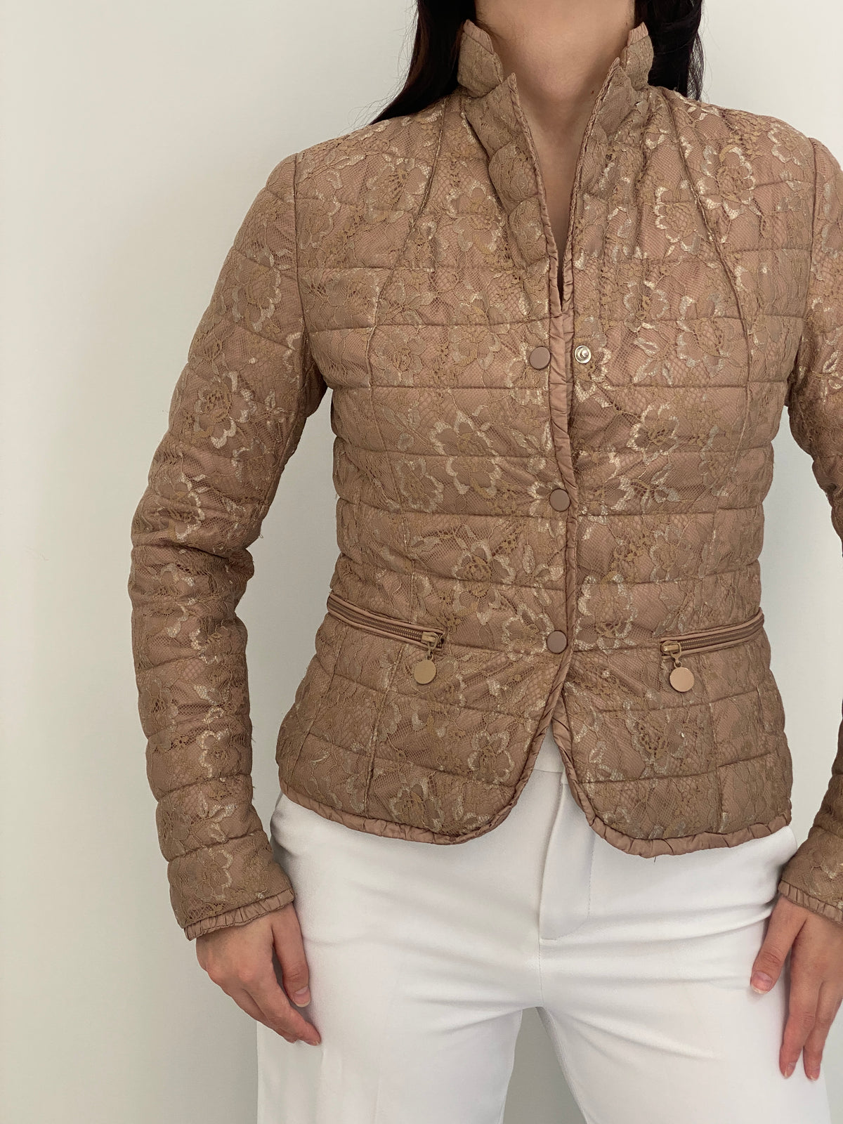 Y2K By Secret Beige Floral Lace Quilted Puffer Jacket – S