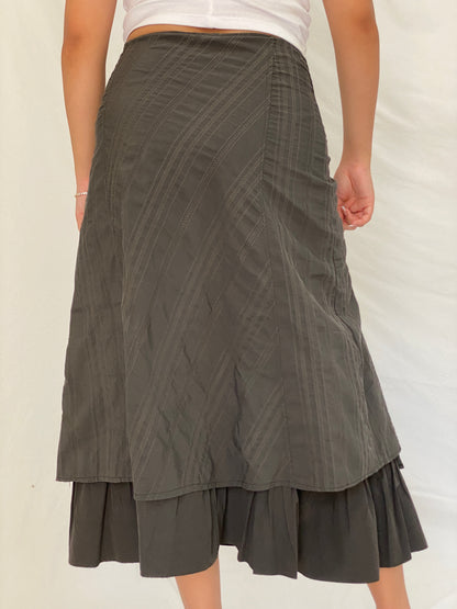 Y2K Whimsigoth Olive Green Ruched Layered Utility Midi Skirt – L