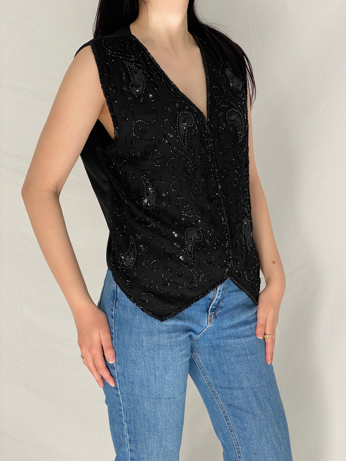 Vintage Black Paisley Sequined & Beaded Party Embellished Evening Vest - M Vintage Black Paisley Sequined & Beaded Party Embellished Evening Vest - M