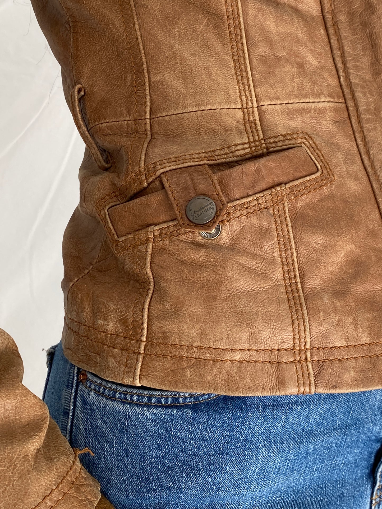 Vintage Y2K Stradivarius Brown Real Leather Moto Fitted Jacket - S