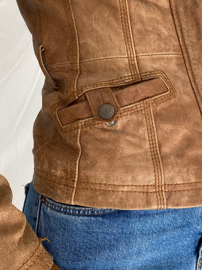 Vintage Y2K Stradivarius Brown Real Leather Moto Fitted Jacket - S