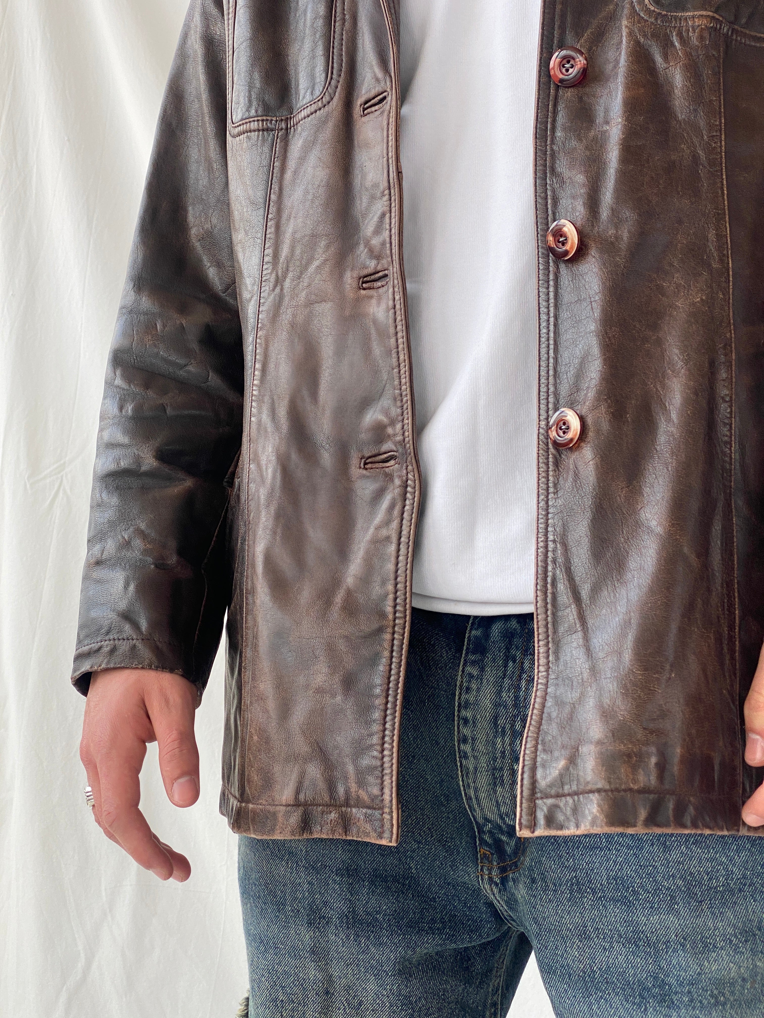 Vintage Saki Leather Brown Genuine Leather Buttoned Blazer Coat - M