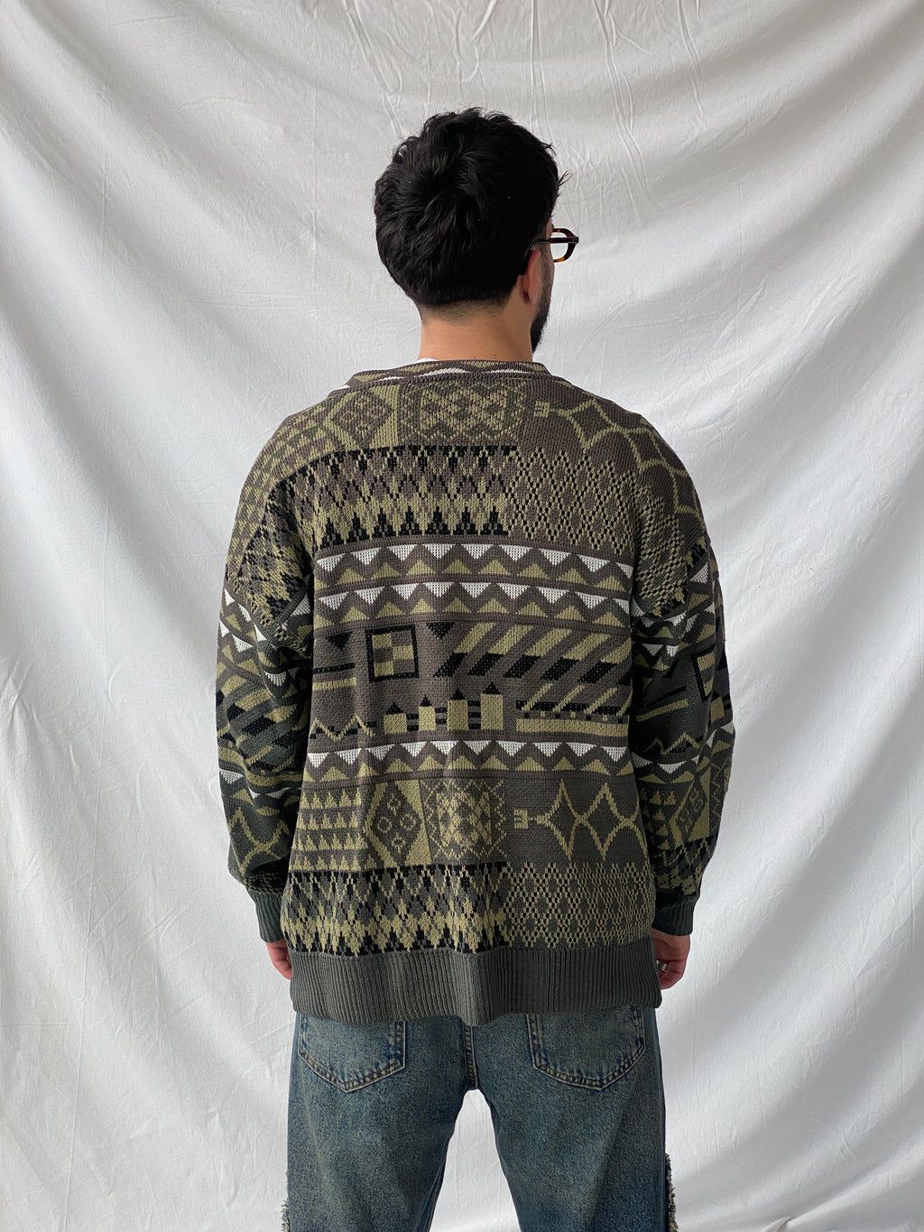 Vintage Geometric Print Men’s Cardigan Sweater - L