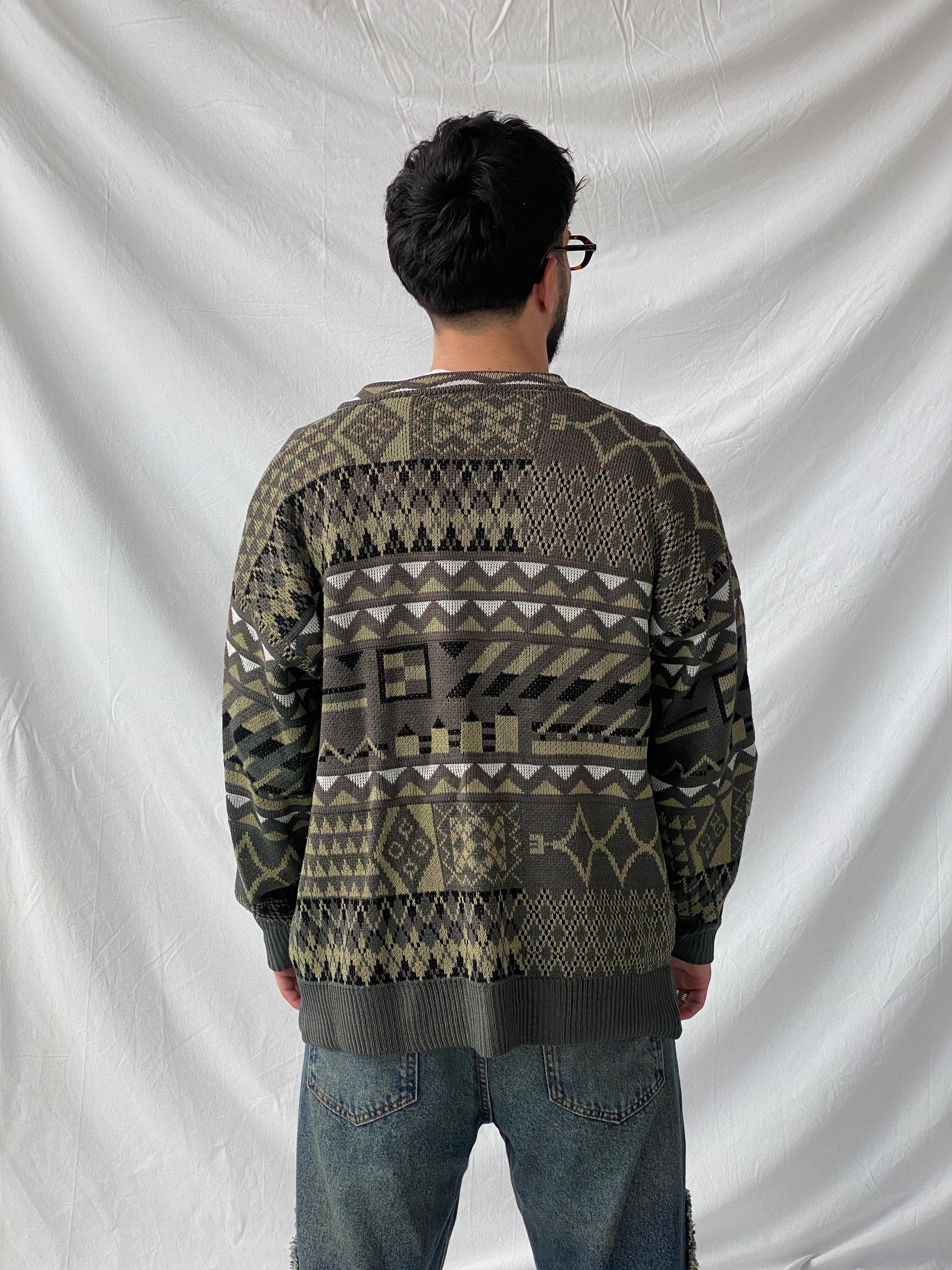 Vintage Geometric Print Men’s Cardigan Sweater - L