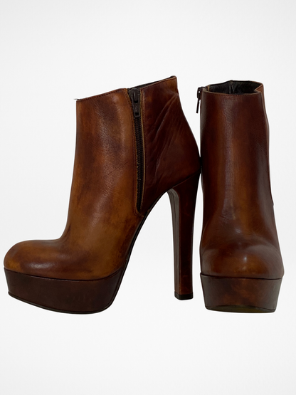 Network Genuine Leather Platform Ankle Boots Distressed Brown High Heel Statement Shoes - EU 38